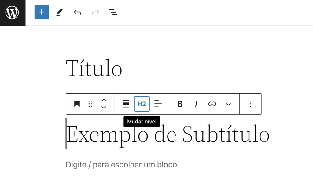 novo-post editor de blocos Gutenberg do wordpress com edição de títulos h1 e h2