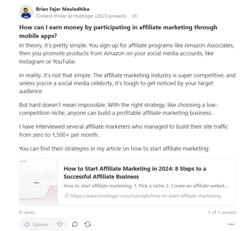 resposta de Brian sobre como come&ccedil;ar marketing de afiliados no quota