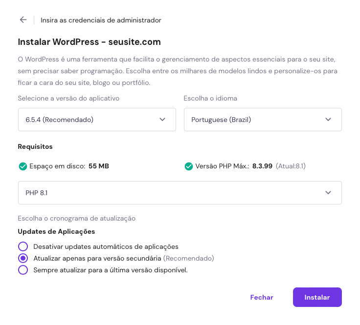 configurando detalhes técnicos do wordpress e cronograma de atualização no auto instalador do hpanel