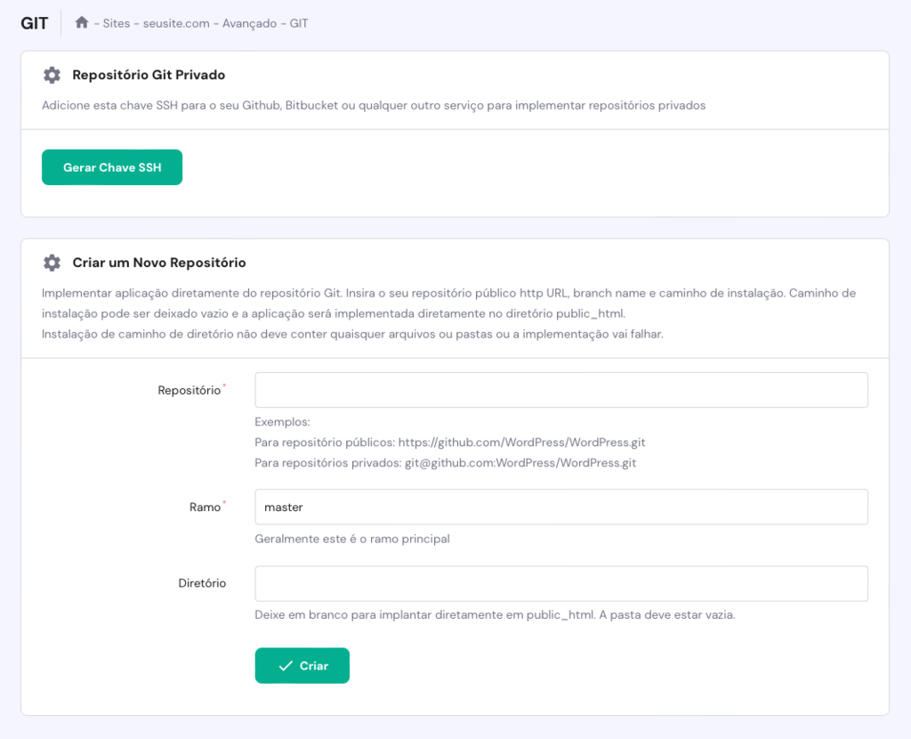 criando novo reposit&oacute;rio git no hpanel