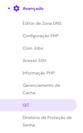 op&ccedil;&atilde;o git destacada no menu avan&ccedil;ado do hpanel