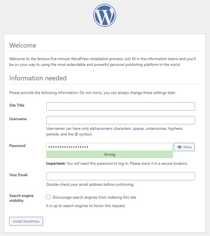 script de configuração do wordpress no navegador