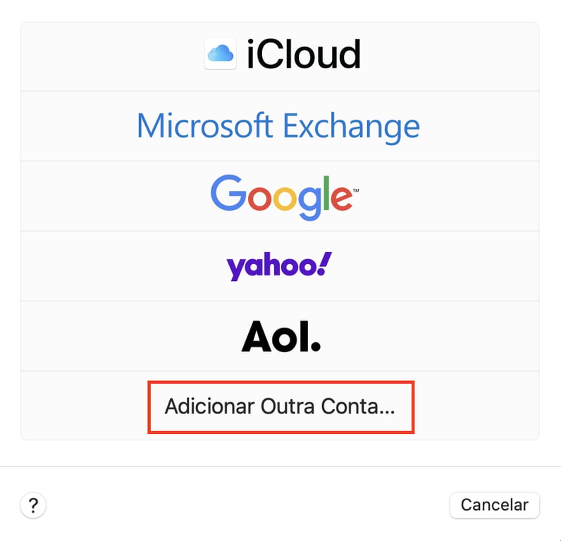 adicionar outra conta na interface de configura&ccedil;&atilde;o do apple mail