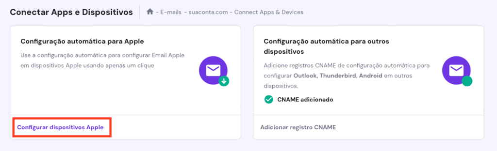 configurar dispositivos apple na se&ccedil;&atilde;o email do hpanel