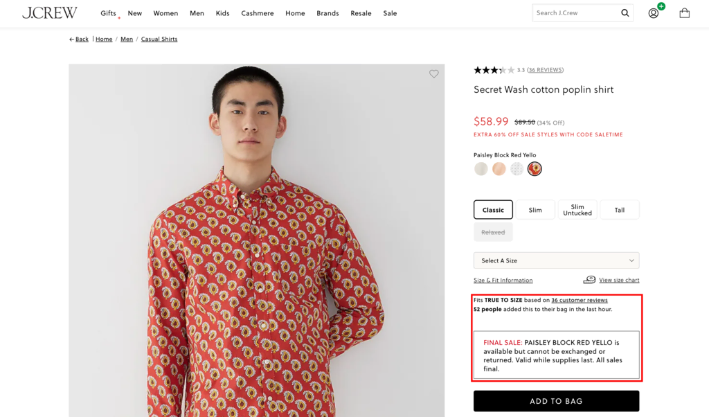 p&aacute;gina de produto da j.crew com destaque de liquida&ccedil;&atilde;o final
