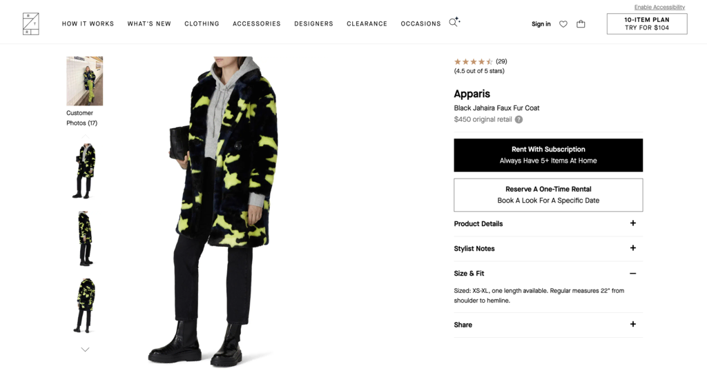 p&aacute;gina de produto da rent the runway