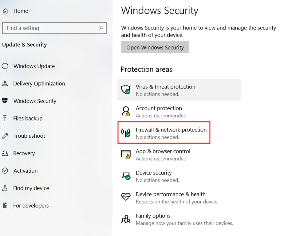 opção de firewall no Windows Security