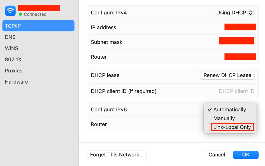 configurações de TCP/IP no macOS com opção link-local