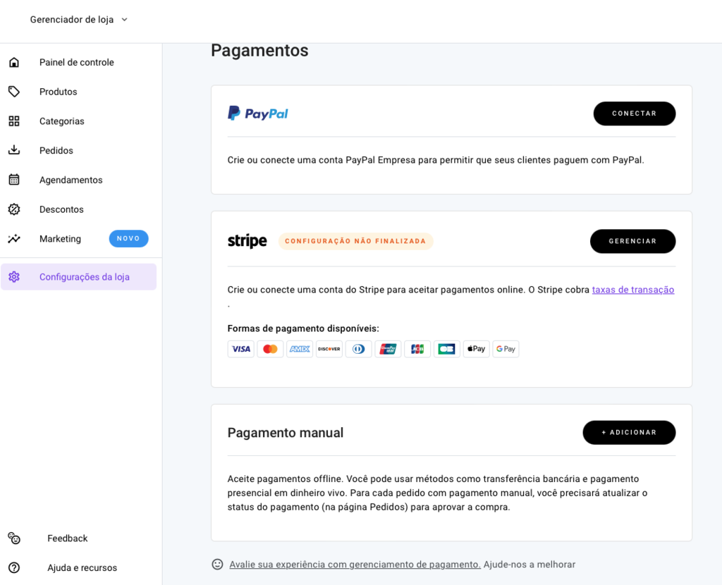 &aacute;rea de configura&ccedil;&atilde;o de pagamentos no gerenciador de loja virtual do criador de sites da hostinger