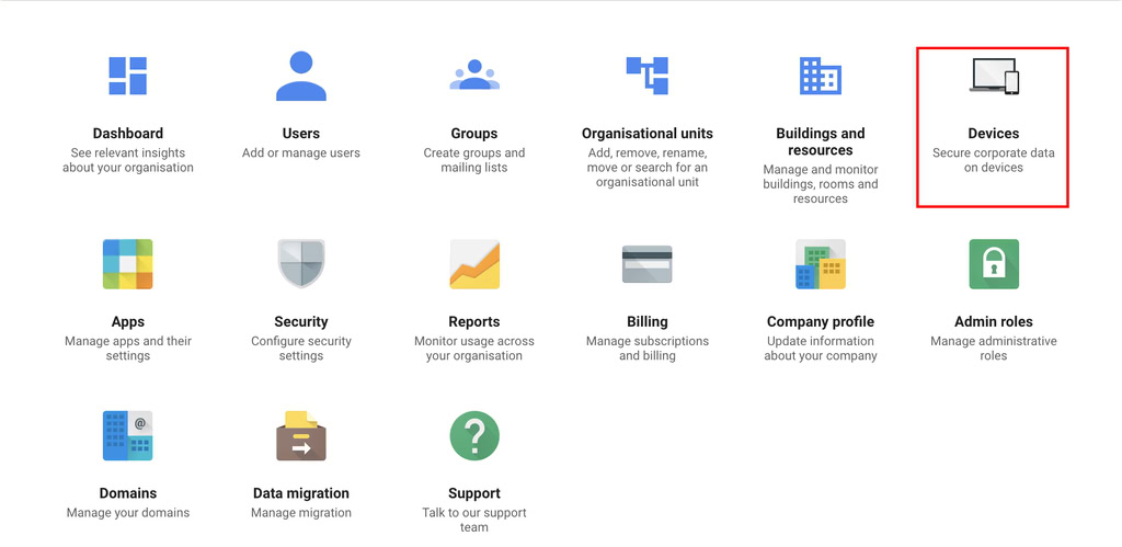 painel do google admin console com op&ccedil;&atilde;o "dispositivos" em destaque