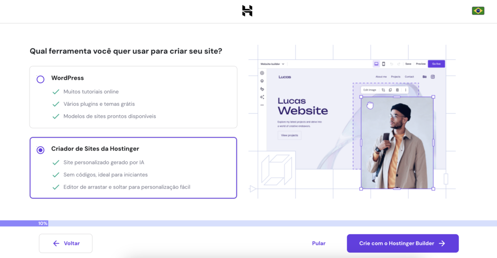 escolhendo o criador de sites da hostinger no processo de configura&ccedil;&atilde;o inicial de site do hpanel