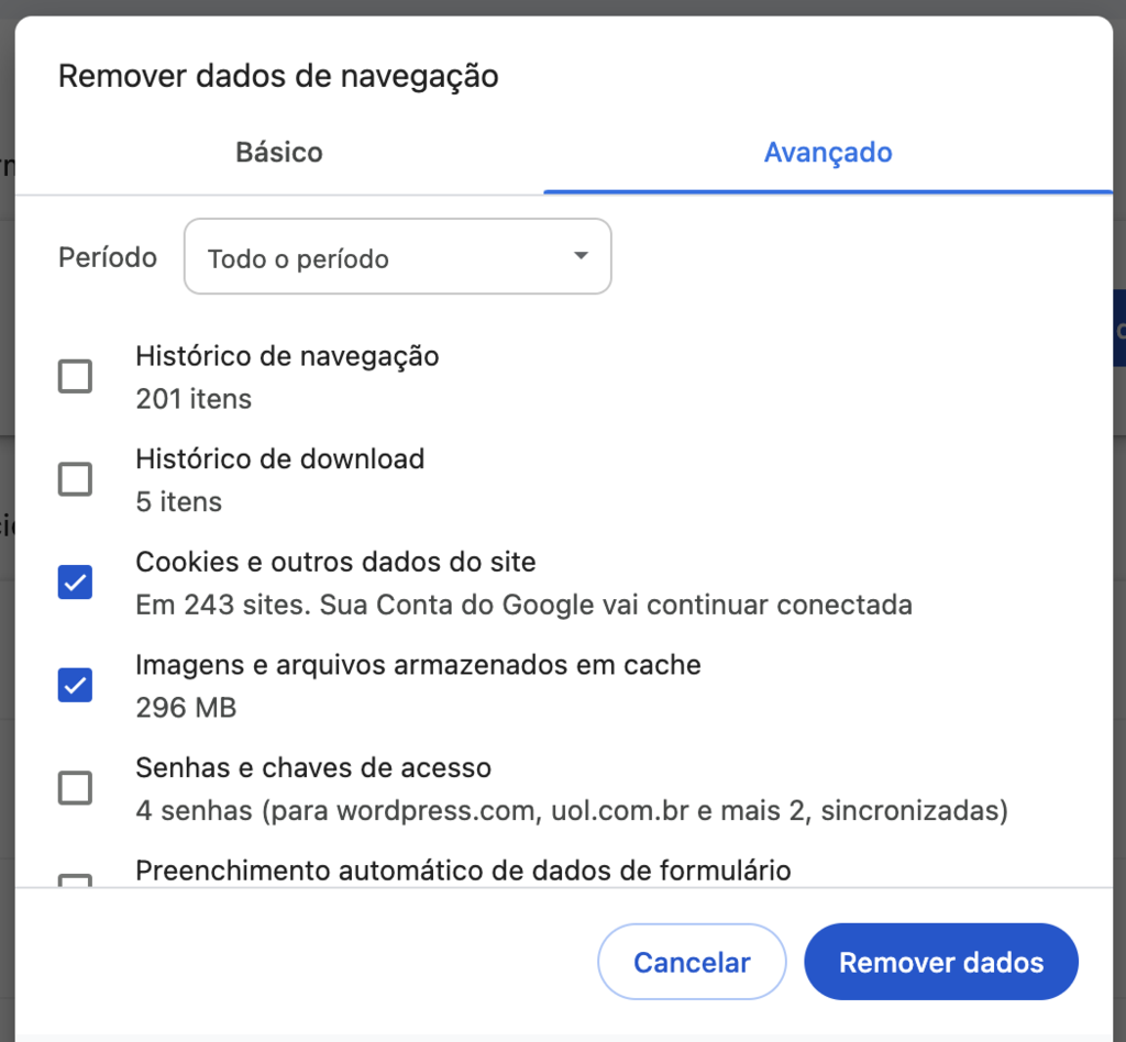 limpando dados de navega&ccedil;&atilde;o no chrome