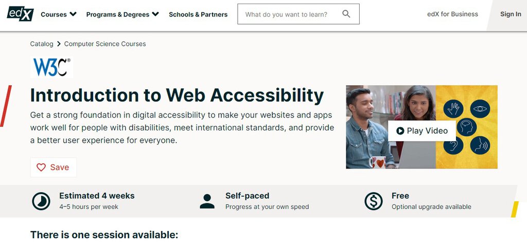 P&aacute;gina do curso online de acessibilidade W3C dispon&iacute;vel no site edX