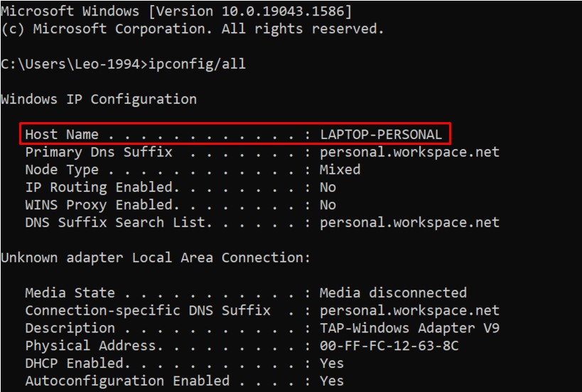 Terminal do Windows com comando ipconfig/all exibindo configura&ccedil;&otilde;es do sistema como hostname
