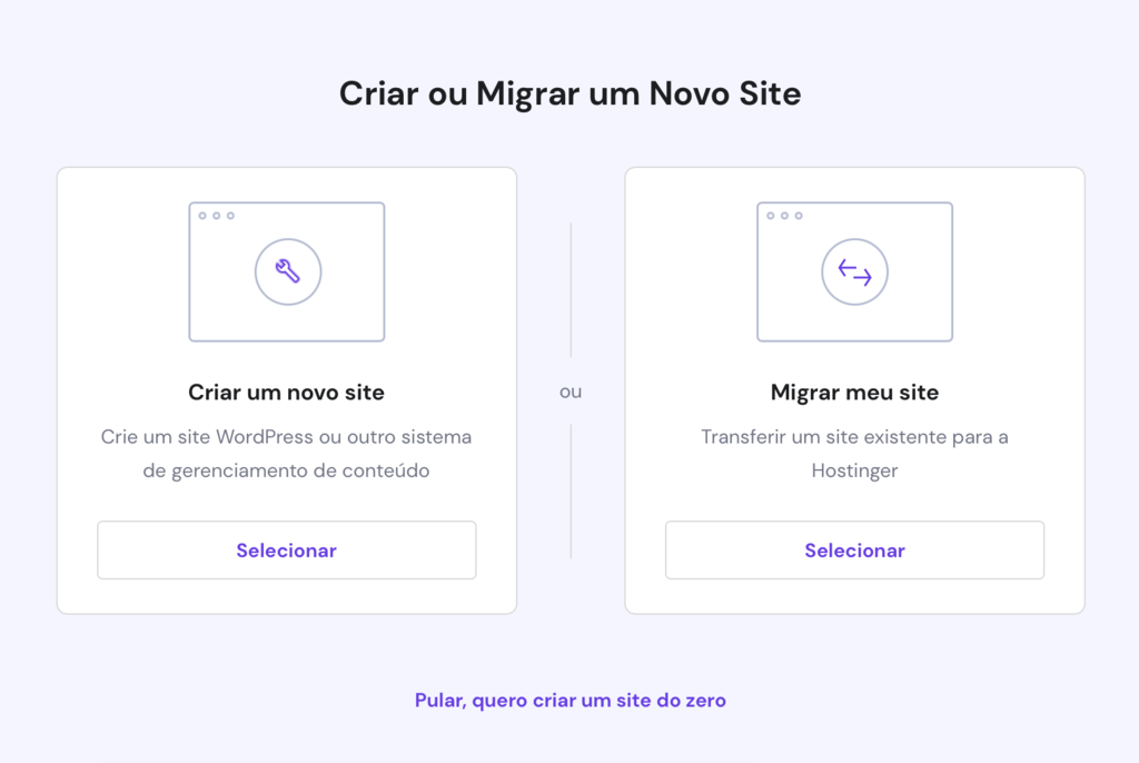 criar ou migrar site no hpanel
