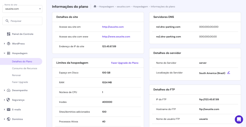 detalhes do plano de hospedagem no hpanel