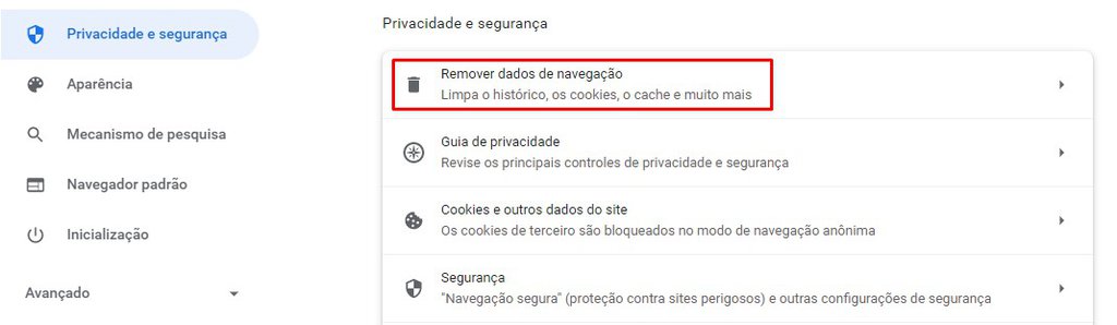 Configuração para remover dados de navegação do Google Chrome