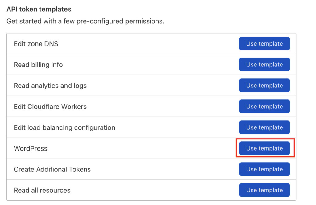 Op&ccedil;&otilde;es de templates no painel Cloudflare - WordPress selecionado