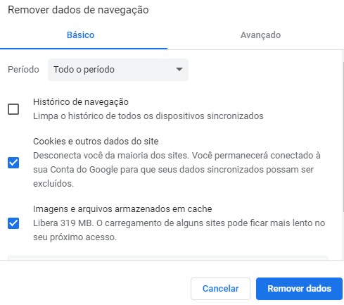 Configuração para remover dados de navegação do Google Chrome