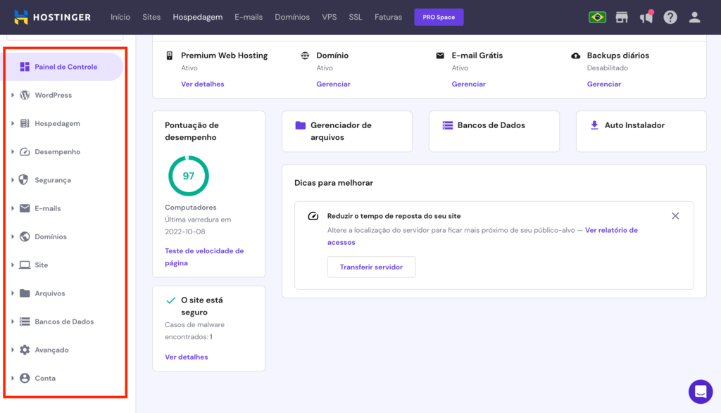 barra lateral da p&aacute;gina de hospedagem do hpanel