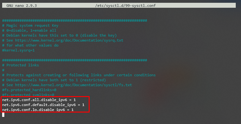 Sa&iacute;da do terminal com linhas adicionadas ao arquivo 99-sysctl.conf para desabilitar o IPv6