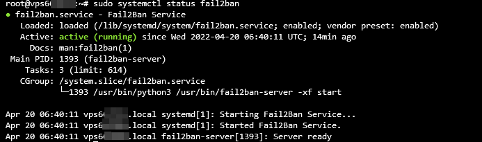 Sa&iacute;da do terminal mostrando que o status Fail2Ban est&aacute; ativo