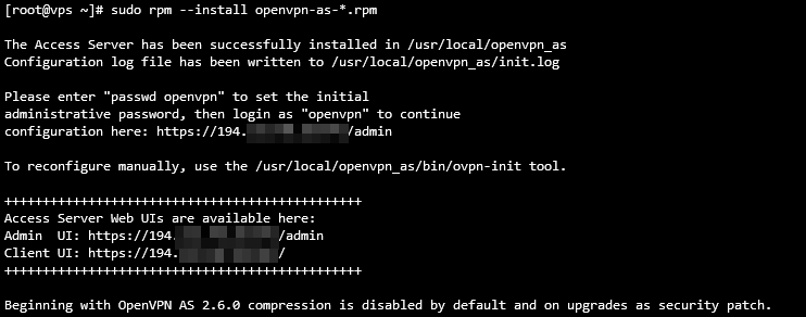 Sa&iacute;da do terminal indicando que a instala&ccedil;&atilde;o do OpenVPN foi conclu&iacute;da