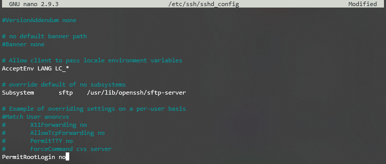 Arquivo sshd_config com par&acirc;metro PermitRootLogin alterado para "no"