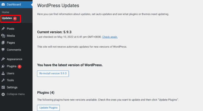 Sessão de atualizações no painel do WordPress