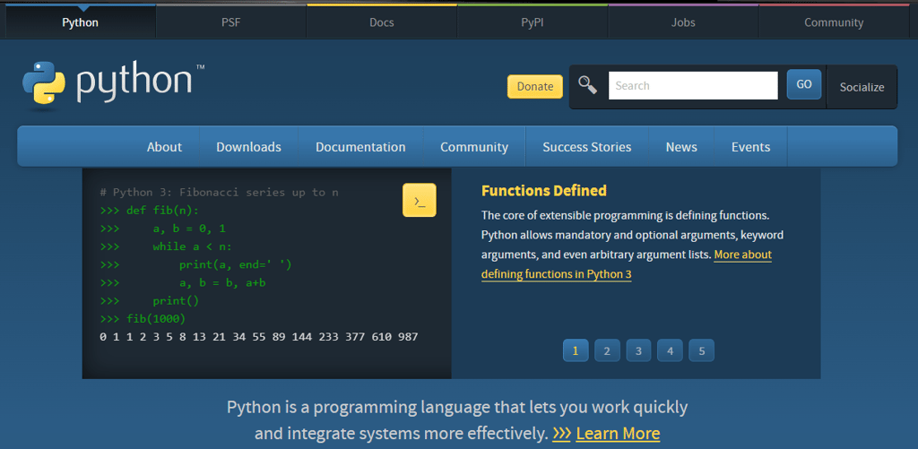 P&aacute;gina inicial do site da linguagem Python