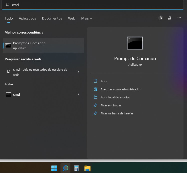 op&ccedil;&atilde;o do prompt de comando no Windows