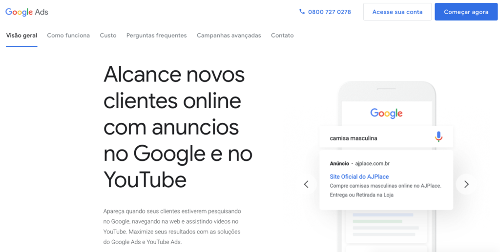 p&aacute;gina inicial do google adwords