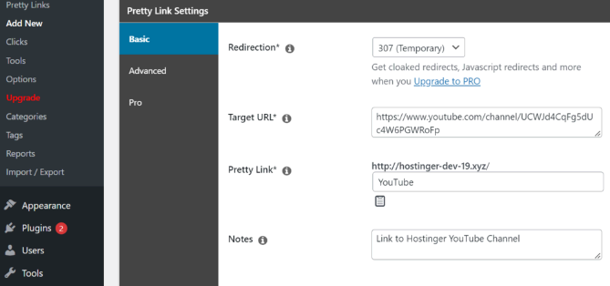 Configurações de redirecionamento e criação de cloaked link com o plugin Pretty Links