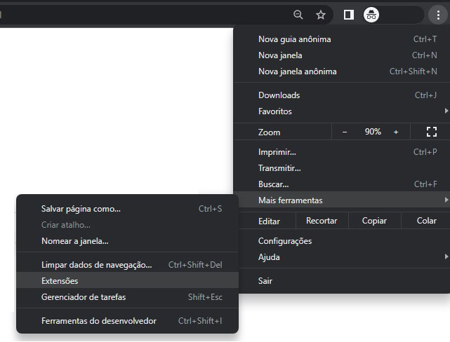 Acessando extensões do navegador Google Chrome