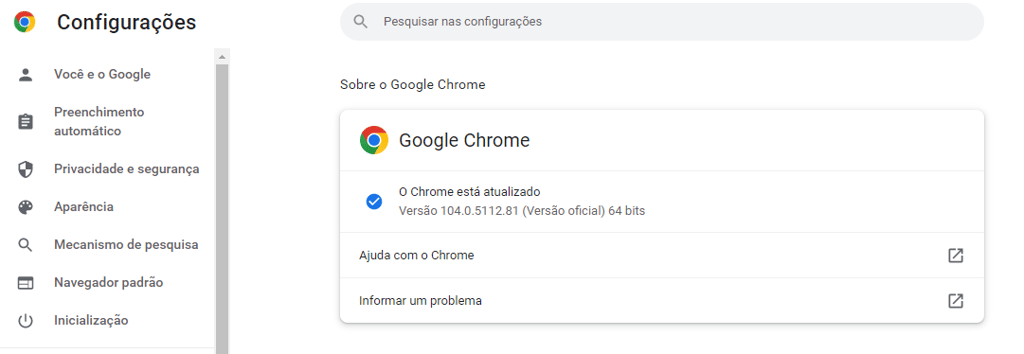 Configurações de atualização do navegador no Google Chrome
