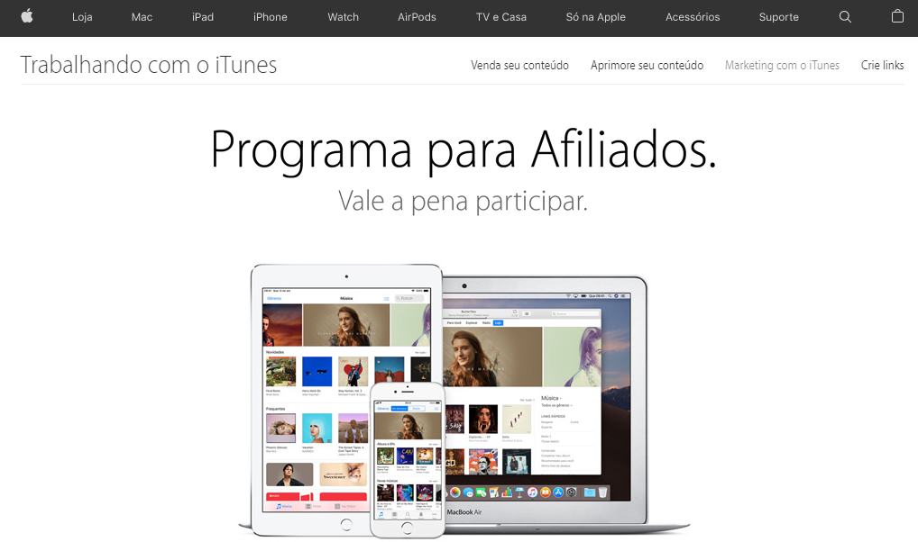 Captura de tela da p&aacute;gina inicial do programa de afiliados da Apple
