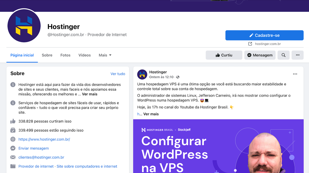 p&aacute;gina da hostinger no facebook