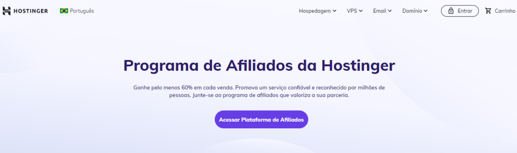 p&aacute;gina inicial do programa de afiliados da hostinger