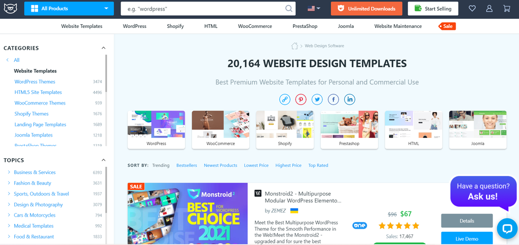 P&aacute;gina do TemplateMonster com templates de sites
