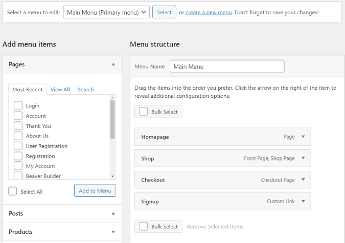 Edi&ccedil;&atilde;o e personaliza&ccedil;&atilde;o do menu no WordPress - captura de tela para inser&ccedil;&atilde;o de elementos da estrutura do menu