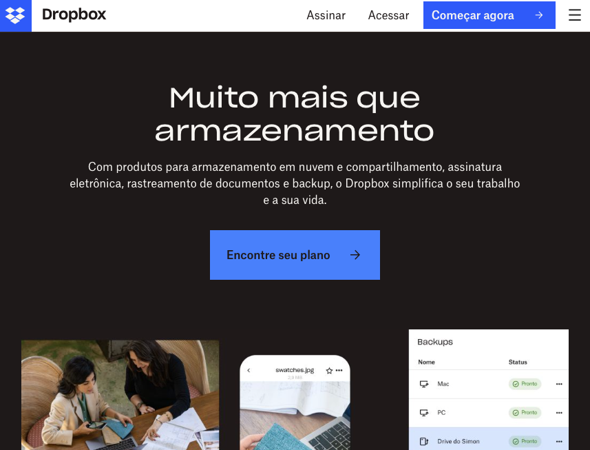 dropbox página inicial do Dropbox