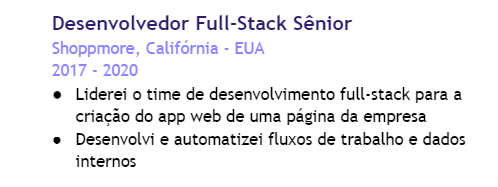 Exemplo de seção de experiência em currículo de desenvolvedor full-stack sênior