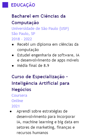 Outro exemplo de seção de educação em currículo de programador júnior, completo