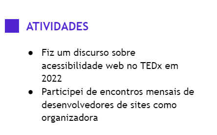 Exemplo de seção de atividades em currículo de programador