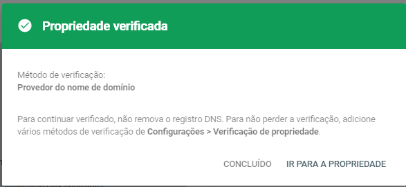 mensagem de confirma&ccedil;&atilde;o do Google Search Console