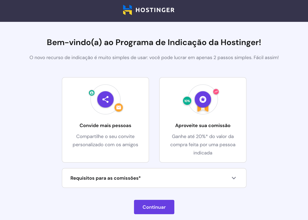 p&aacute;gina do programa de indica&ccedil;&atilde;o da Hostinger