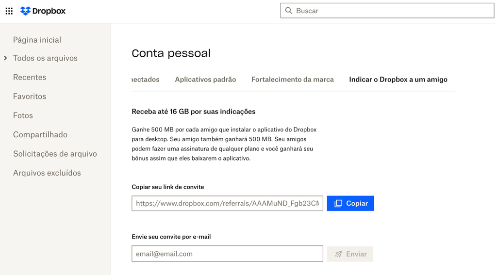 p&aacute;gina do programa de indica&ccedil;&atilde;o da Dropbox