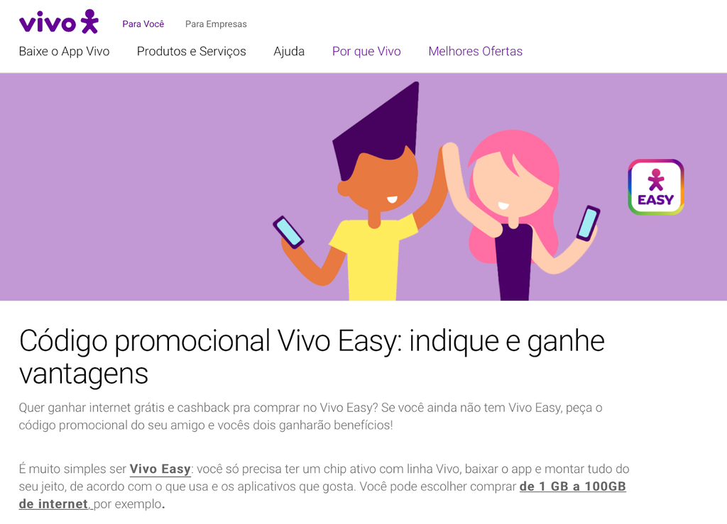 p&aacute;gina do programa de indica&ccedil;&atilde;o do Vivo Easy