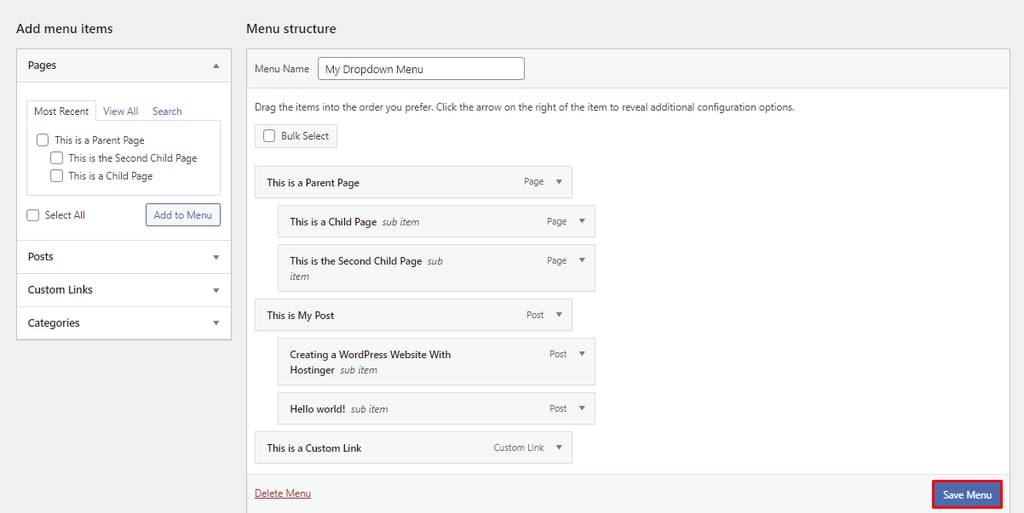 Seleção do botão para salvar configurações do menu recém criado no painel WordPress
