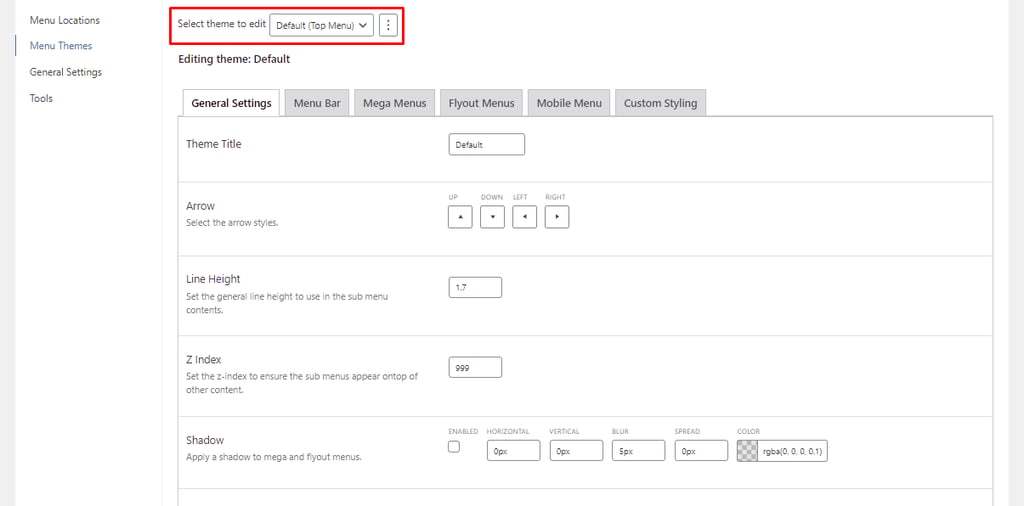 Destaque para a seleção do menu principal na página de personalização do menu pelo plugin Max Mega Menu do WordPress